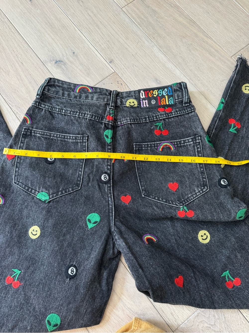 Dressed in LALA Black Wide Leg Jeans with Red, Green, Yellow Embroidery - Picture 9 of 10